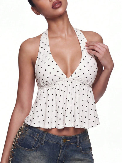 ICON Summer Women's Going Out Vacation Sexy Holiday White With Black Polka Dots Print Ruffle Hem Halter Neck Camisole,Summer Top