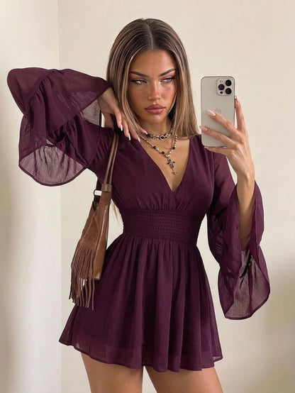 ICON Women's Burgundy Solid Color Deep Shirred Waist Flare Sleeve Fashionable Mini Dress Valentine's Day Boho Tunic Short Flowy Bell Sleeves