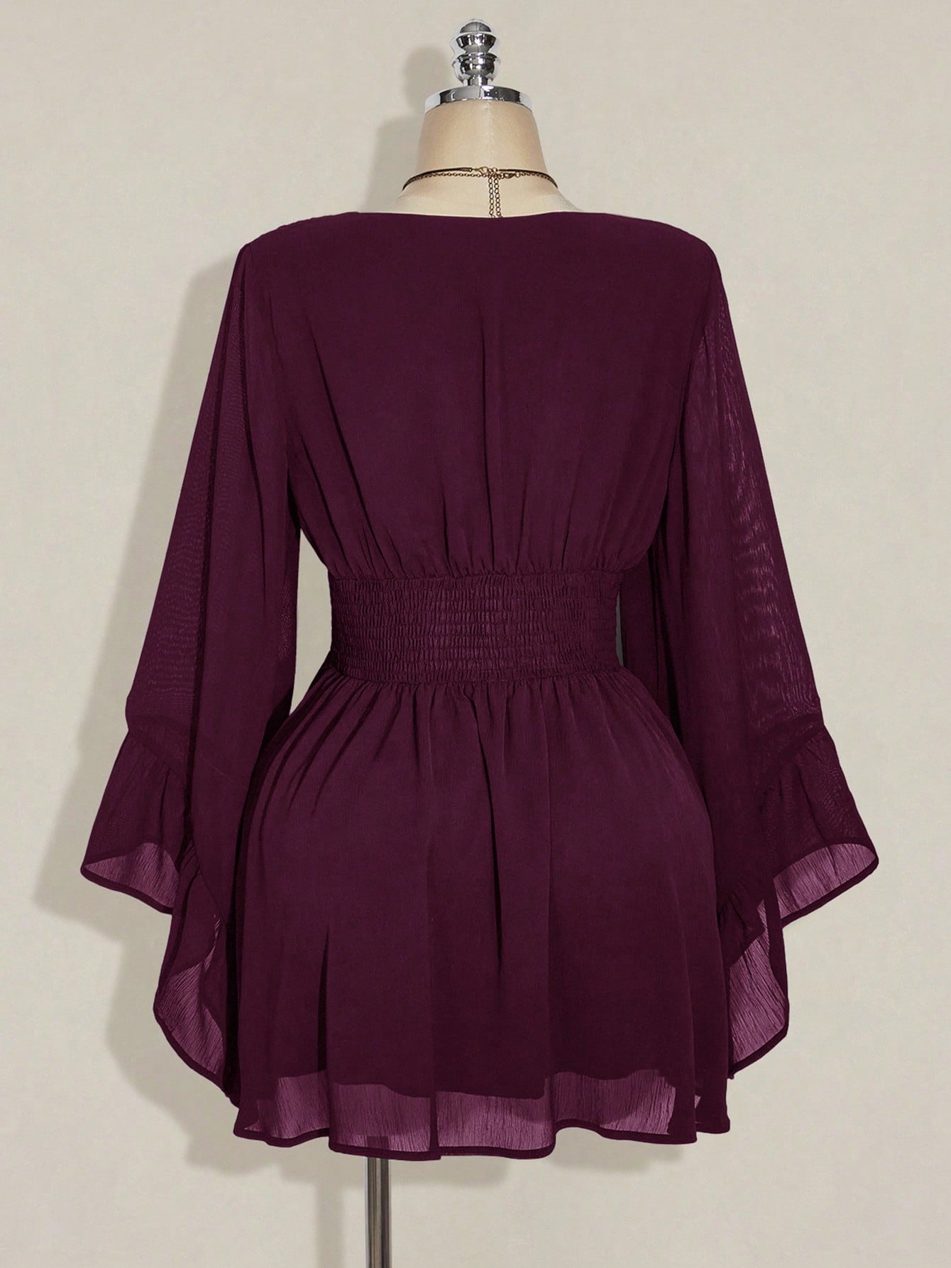 ICON Women's Burgundy Solid Color Deep Shirred Waist Flare Sleeve Fashionable Mini Dress Valentine's Day Boho Tunic Short Flowy Bell Sleeves