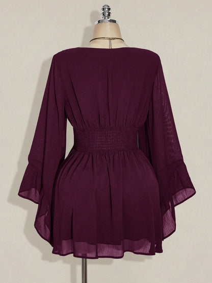 ICON Women's Burgundy Solid Color Deep Shirred Waist Flare Sleeve Fashionable Mini Dress Valentine's Day Boho Tunic Short Flowy Bell Sleeves