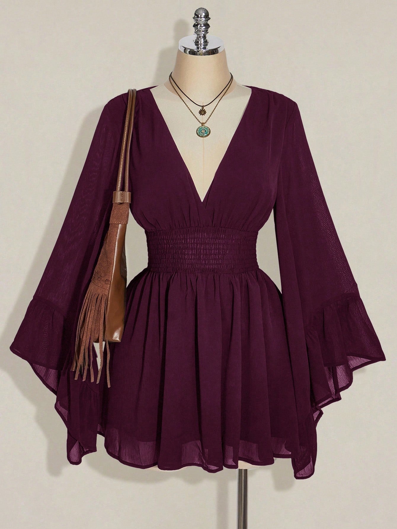 ICON Women's Burgundy Solid Color Deep Shirred Waist Flare Sleeve Fashionable Mini Dress Valentine's Day Boho Tunic Short Flowy Bell Sleeves