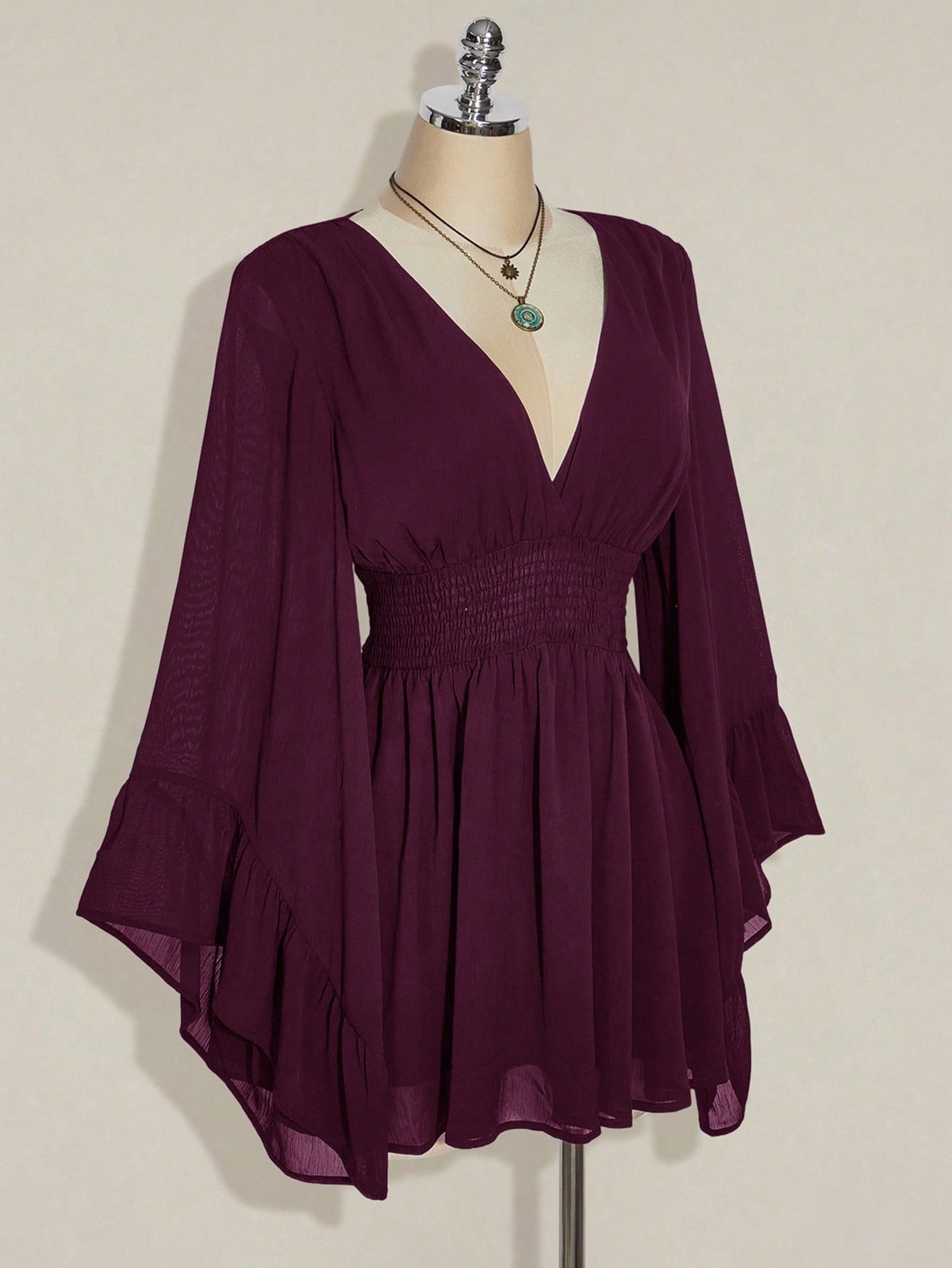 ICON Women's Burgundy Solid Color Deep Shirred Waist Flare Sleeve Fashionable Mini Dress Valentine's Day Boho Tunic Short Flowy Bell Sleeves