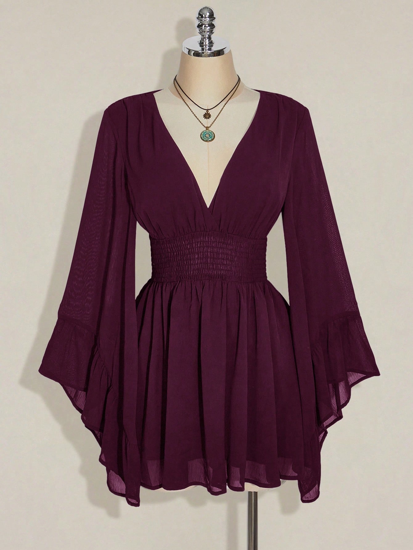ICON Women's Burgundy Solid Color Deep Shirred Waist Flare Sleeve Fashionable Mini Dress Valentine's Day Boho Tunic Short Flowy Bell Sleeves