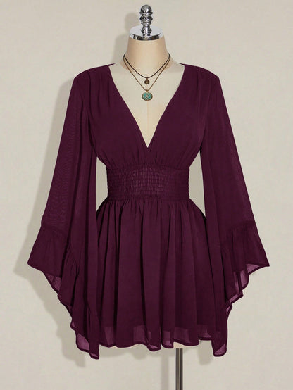 ICON Women's Burgundy Solid Color Deep Shirred Waist Flare Sleeve Fashionable Mini Dress Valentine's Day Boho Tunic Short Flowy Bell Sleeves