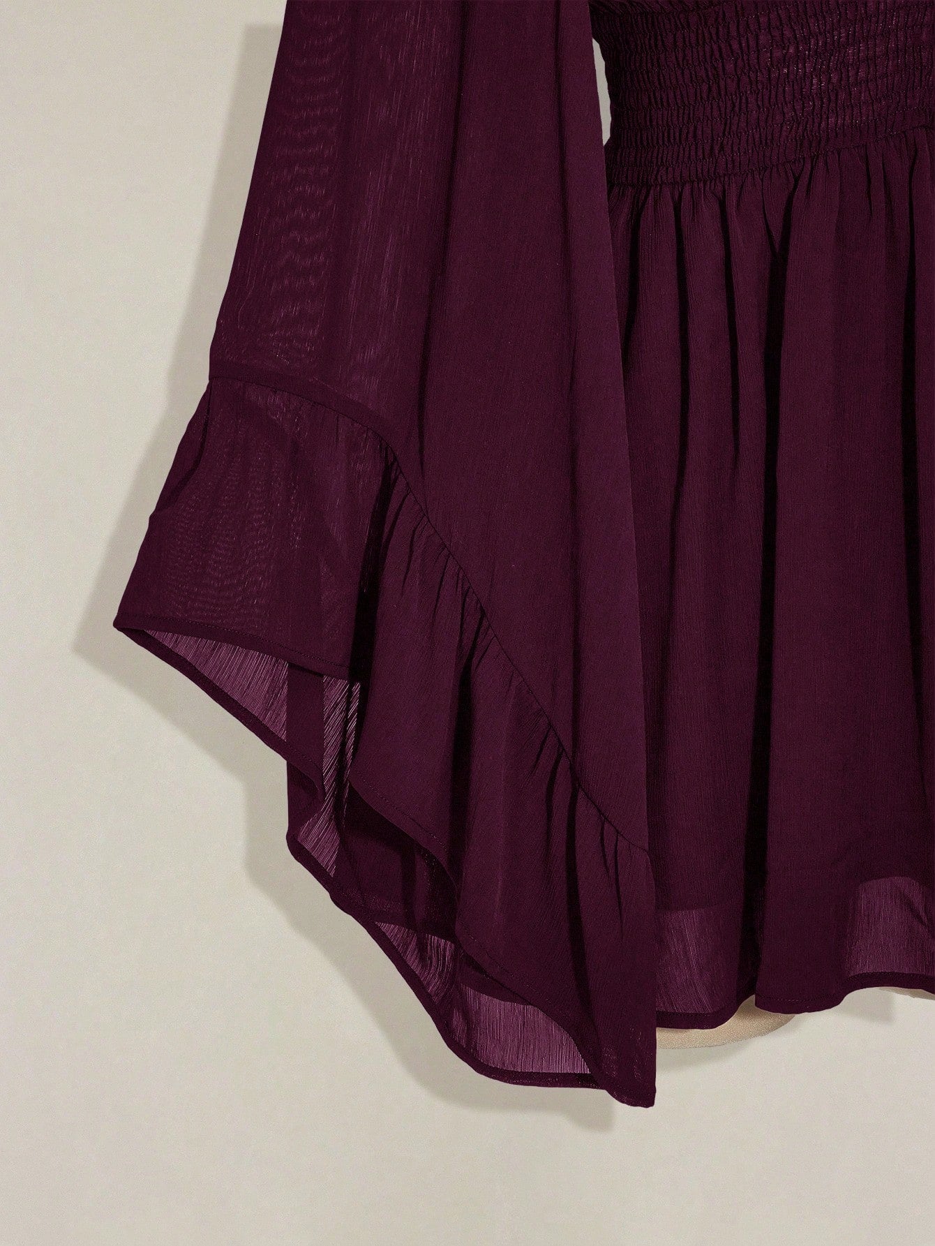 ICON Women's Burgundy Solid Color Deep Shirred Waist Flare Sleeve Fashionable Mini Dress Valentine's Day Boho Tunic Short Flowy Bell Sleeves