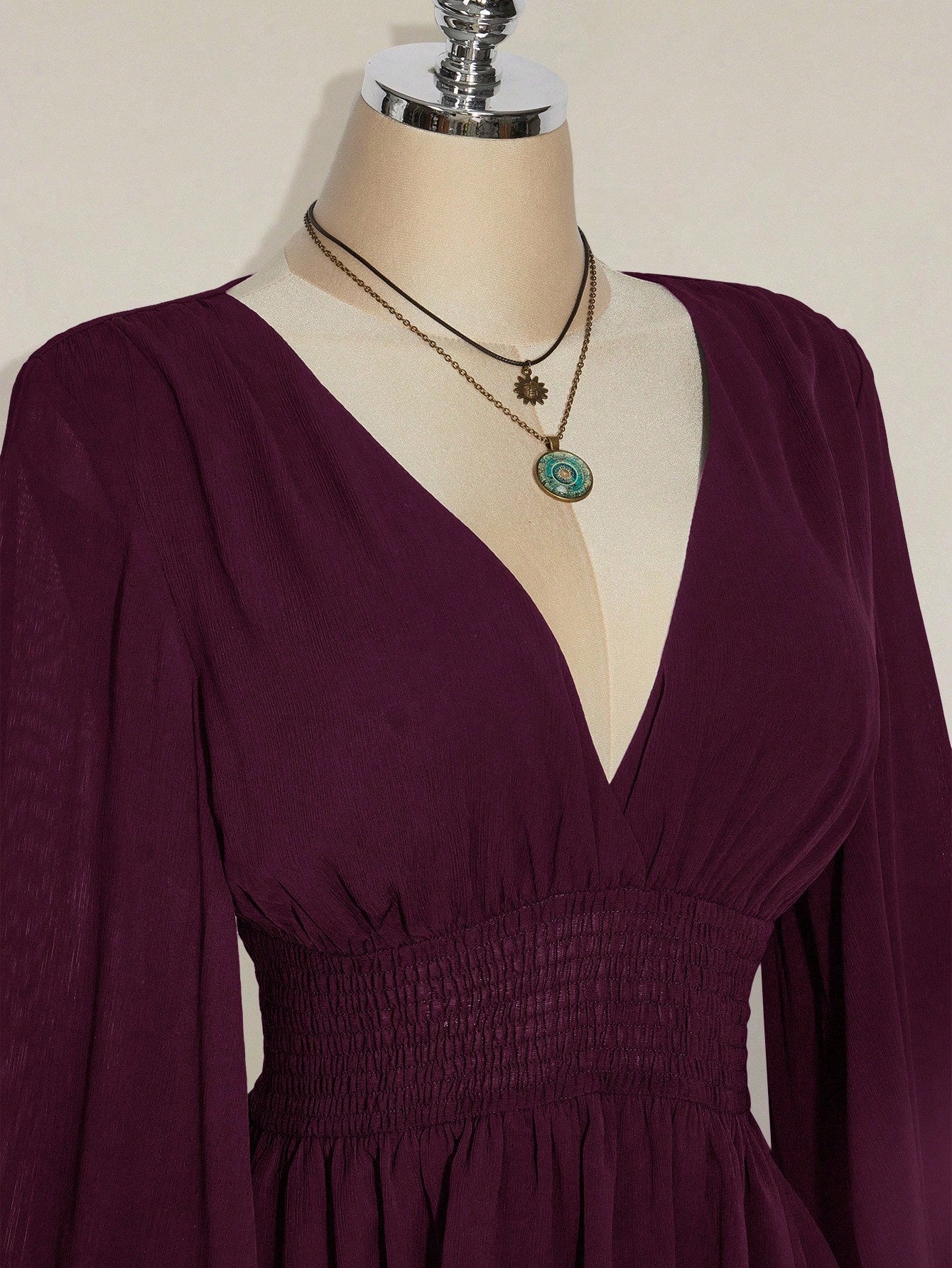 ICON Women's Burgundy Solid Color Deep Shirred Waist Flare Sleeve Fashionable Mini Dress Valentine's Day Boho Tunic Short Flowy Bell Sleeves