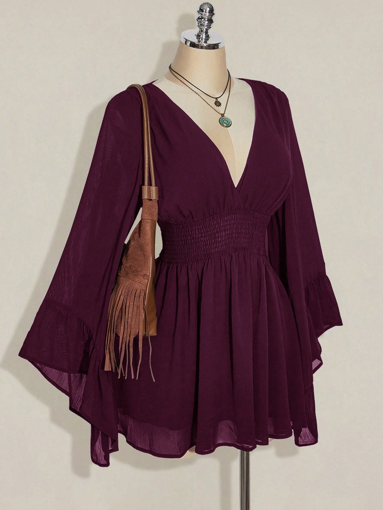 ICON Women's Burgundy Solid Color Deep Shirred Waist Flare Sleeve Fashionable Mini Dress Valentine's Day Boho Tunic Short Flowy Bell Sleeves