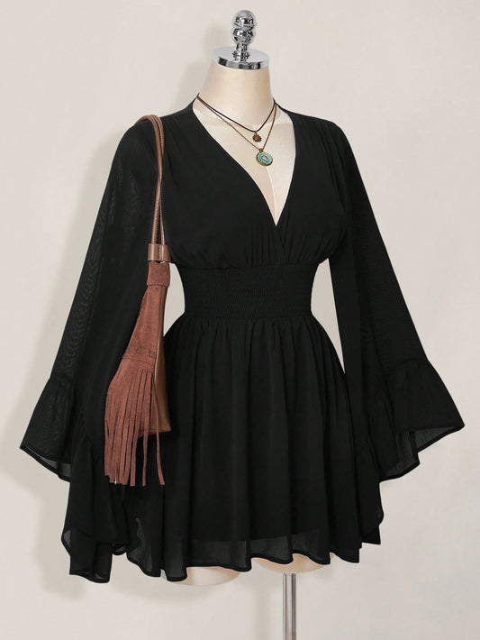ICON Women's Halloween Goth Sexy Black Autumn Boho Elegant Vacation V-Neck Waist Cinched Mini Dress Solid Long Bell Sleeve Corset Thanksgiving Outfit