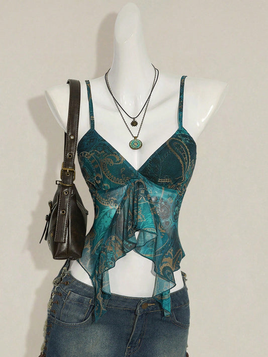 ICON Women's Millennial Y2K Boho Sexy Retro Teal Paisley Print Asymmetrical Hem Ruffled V-Neck Slim Fit Camisole Club Going Out Night Out Vacation Summer