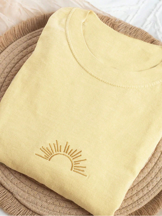 INAWLY Embroidered Sun T-Shirt, Embroidered Sunshine T-Shirt, Embroidered Summer T-Shirt, Embroidered Bohemian Blouse, Unisex Fashion T-Shirt