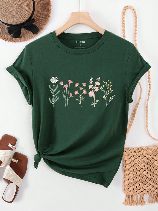 INAWLY Floral Print Round Neck Short Sleeve T-Shirt, Vacation/Casual
