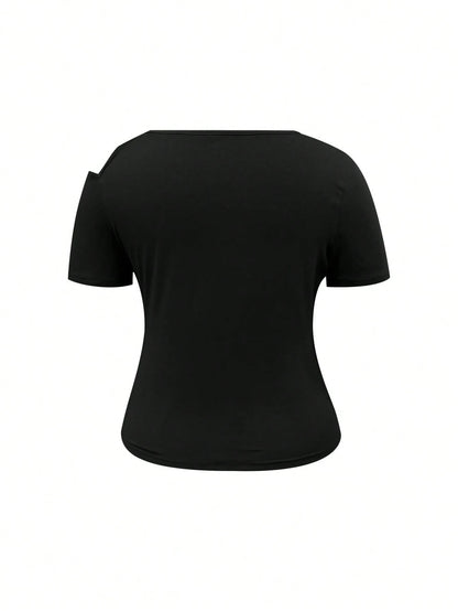 INAWLY Plus Size Summer Casual Solid Color Asymmetric Collar T-Shirt Fall Cloth For Women
