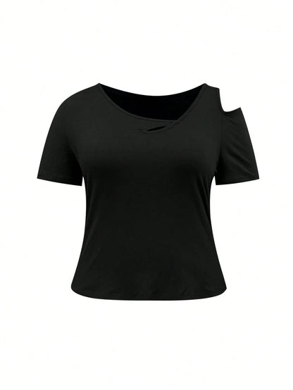 INAWLY Plus Size Summer Casual Solid Color Asymmetric Collar T-Shirt Fall Cloth For Women