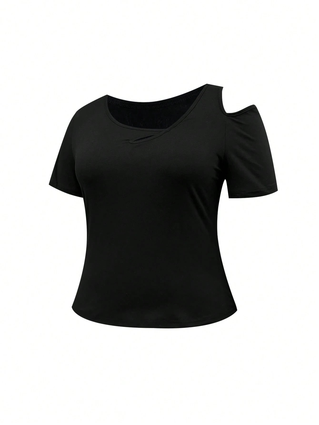 INAWLY Plus Size Summer Casual Solid Color Asymmetric Collar T-Shirt Fall Cloth For Women