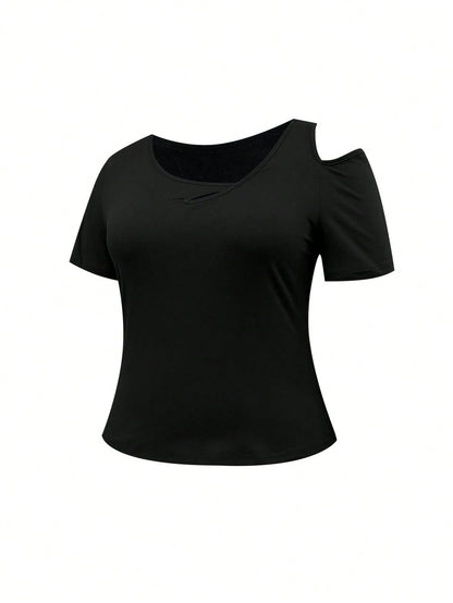 INAWLY Plus Size Summer Casual Solid Color Asymmetric Collar T-Shirt Fall Cloth For Women