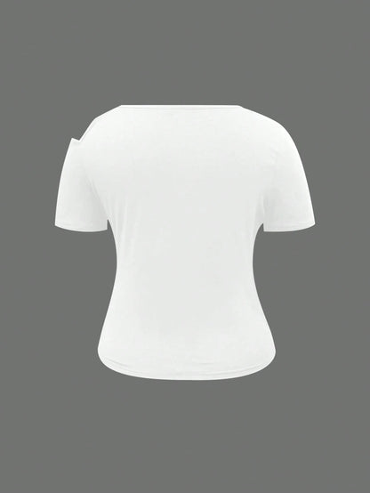 INAWLY Plus Size Summer Casual Solid Color Asymmetric Collar T-Shirt Fall Cloth For Women