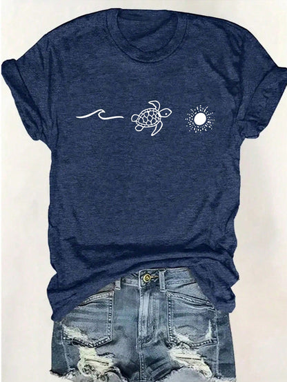 INAWLY Plus Size Turtle And Sun Print Round Neck Short Sleeve Casual T-Shirt For Summer Graphic Tees Women Tops