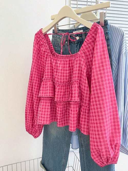 INAWLY Plus Size Women's Casual Floral Print Lantern Sleeve Ruffled Hem Cropped Top, Spring/Summer Fall