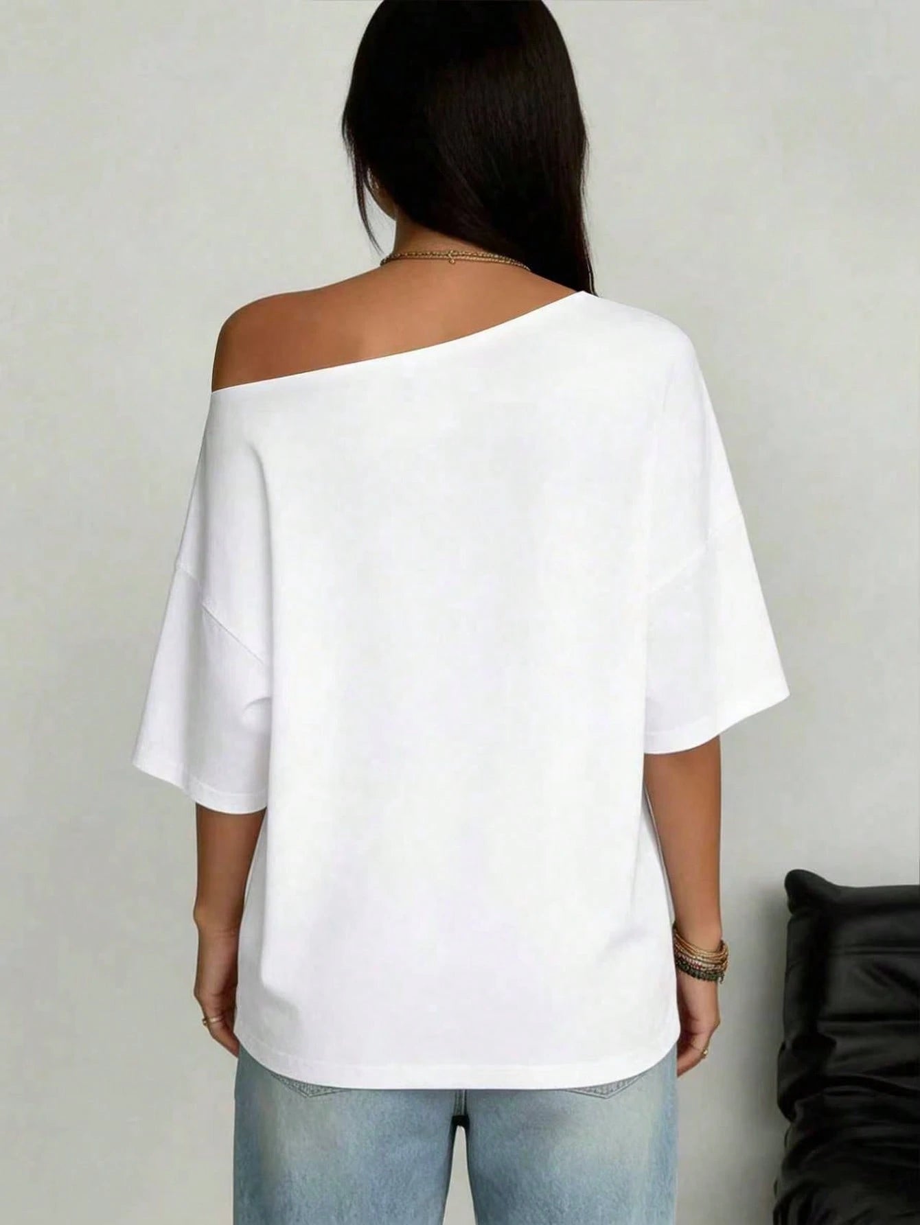 INAWLY Plus Size Women Slogan & Figure Print Loose Oblique Collar Casual T-Shirt