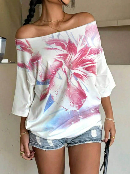 INAWLY Plus Size Women Slogan & Figure Print Loose Oblique Collar Casual T-Shirt