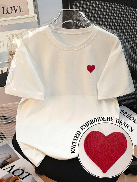 INAWLY Regular Loose Women's Heart Print Bestselling Short Sleeve T-Shirt, For Back To School