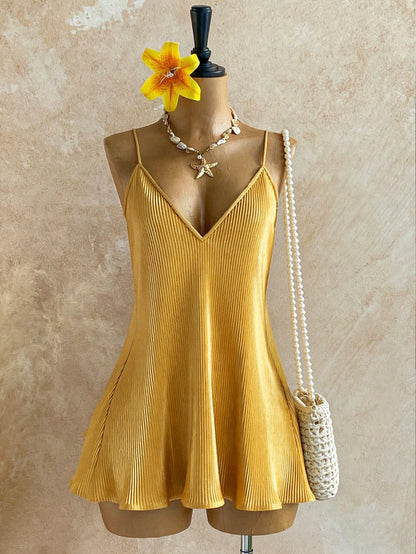 INAWLY Solid Color Casual Elegant Versatile Summer Sleeveless Dress Mustard Yellow Holiday Holiday Vacation
