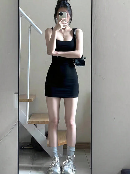 INAWLY Solid Colored Square Neck Bodycon Sleeveless Dress