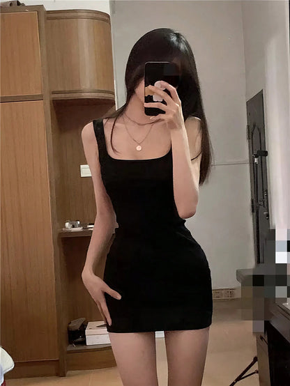 INAWLY Solid Colored Square Neck Bodycon Sleeveless Dress