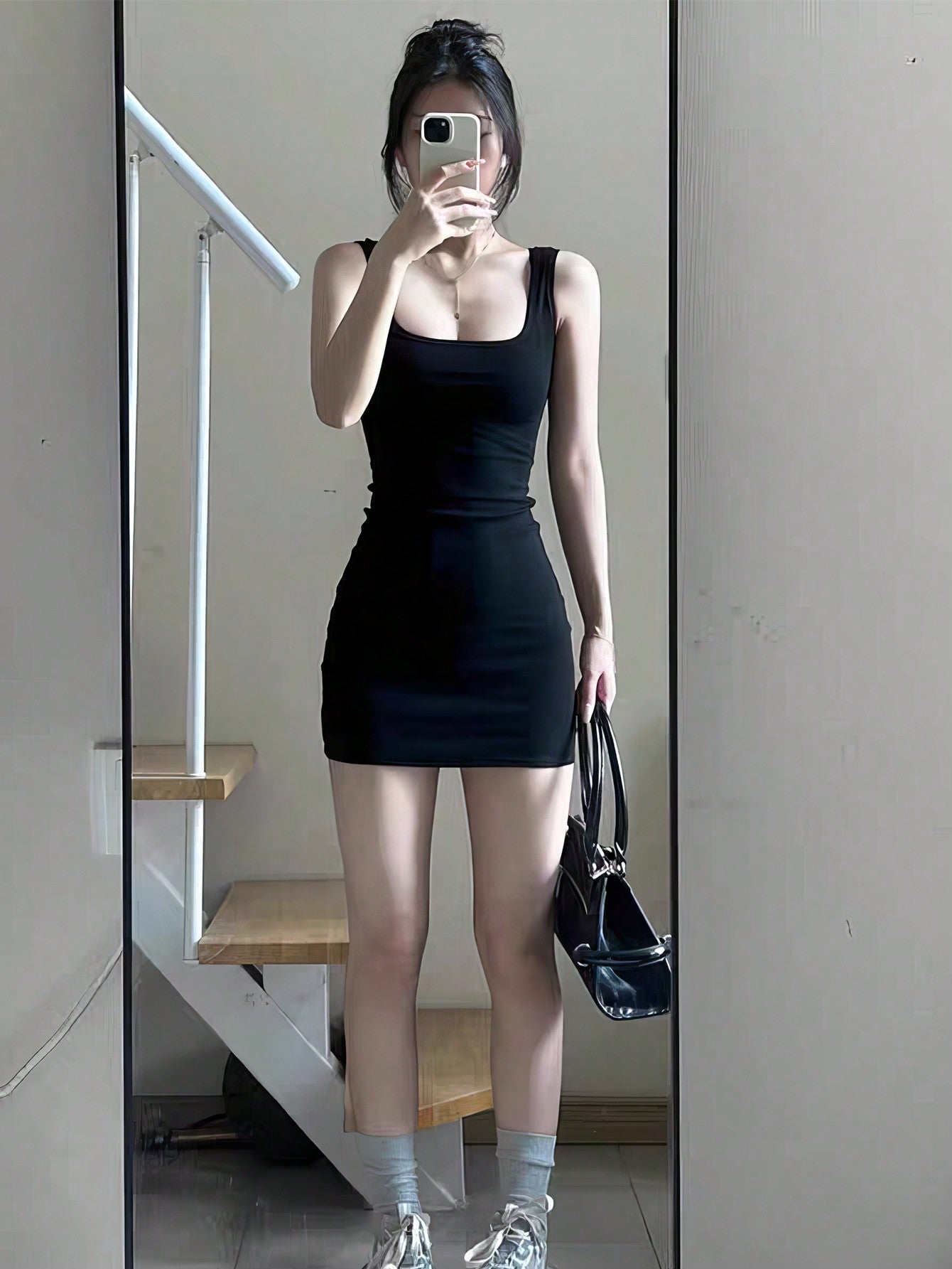 INAWLY Solid Colored Square Neck Bodycon Sleeveless Dress
