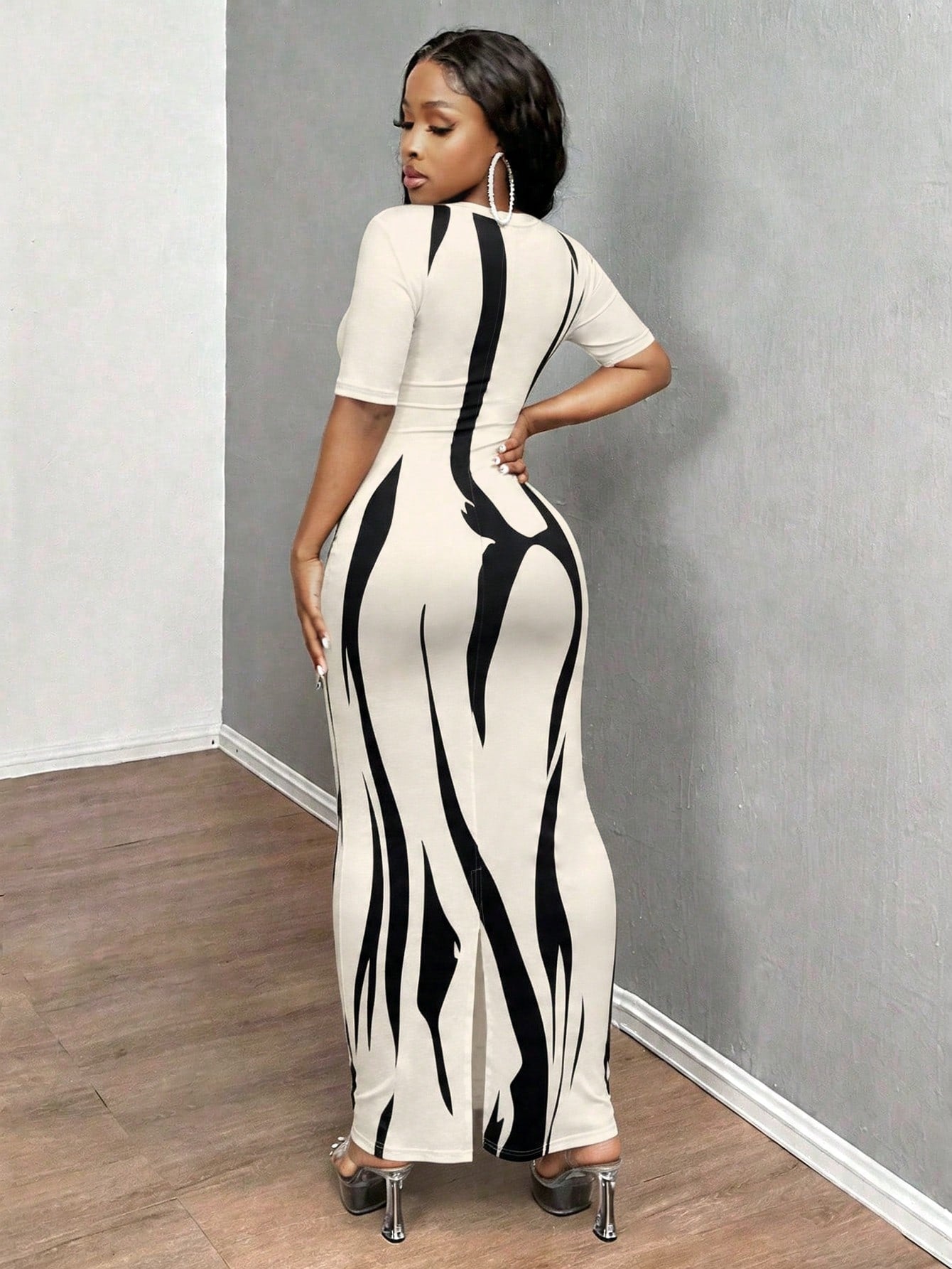INAWLY Solva Women's Sexy Slim Fit Printed Short Sleeve Long Dress, Summer Night Out Vacation Black Sequin