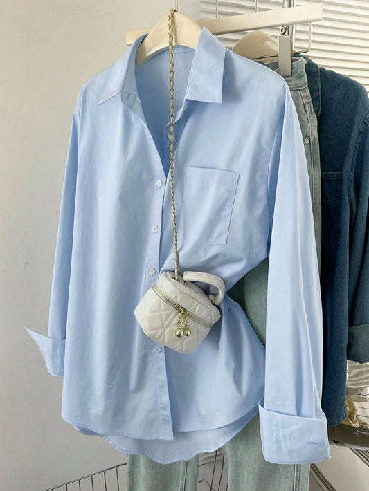 INAWLY Women Casual Solid Color Drop Shoulder Loose Blouse, Autumn Long Sleeve Shirt Fall Cloth For Women