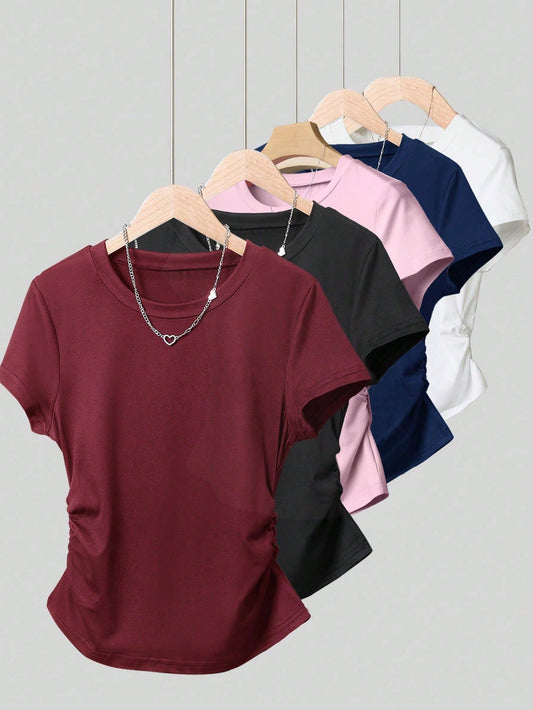 INAWLY Women Ruched Waist Simple Style T-Shirt, Summer Back To School Casual Short Sleeve Top