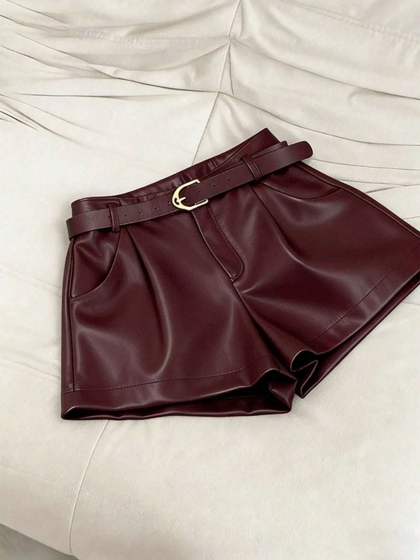 INAWLY Women's Casual Commuter Solid Color PU Leather Pleated Waist Shorts