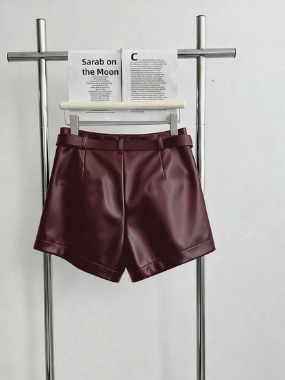 INAWLY Women's Casual Commuter Solid Color PU Leather Pleated Waist Shorts