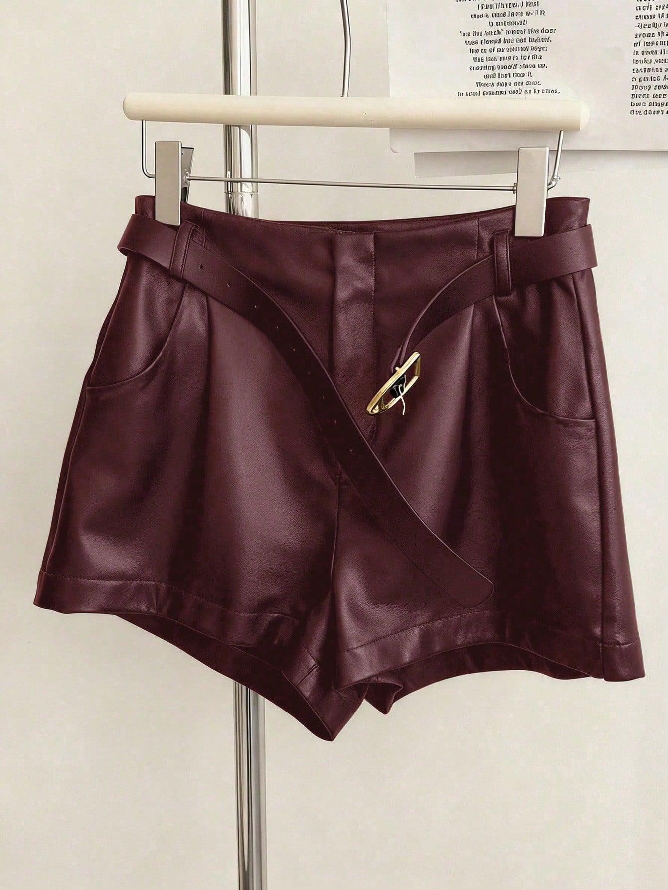 INAWLY Women's Casual Commuter Solid Color PU Leather Pleated Waist Shorts