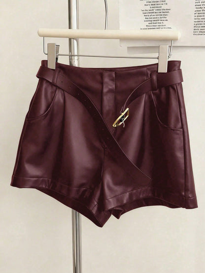 INAWLY Women's Casual Commuter Solid Color PU Leather Pleated Waist Shorts