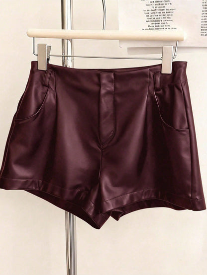 INAWLY Women's Casual Commuter Solid Color PU Leather Pleated Waist Shorts