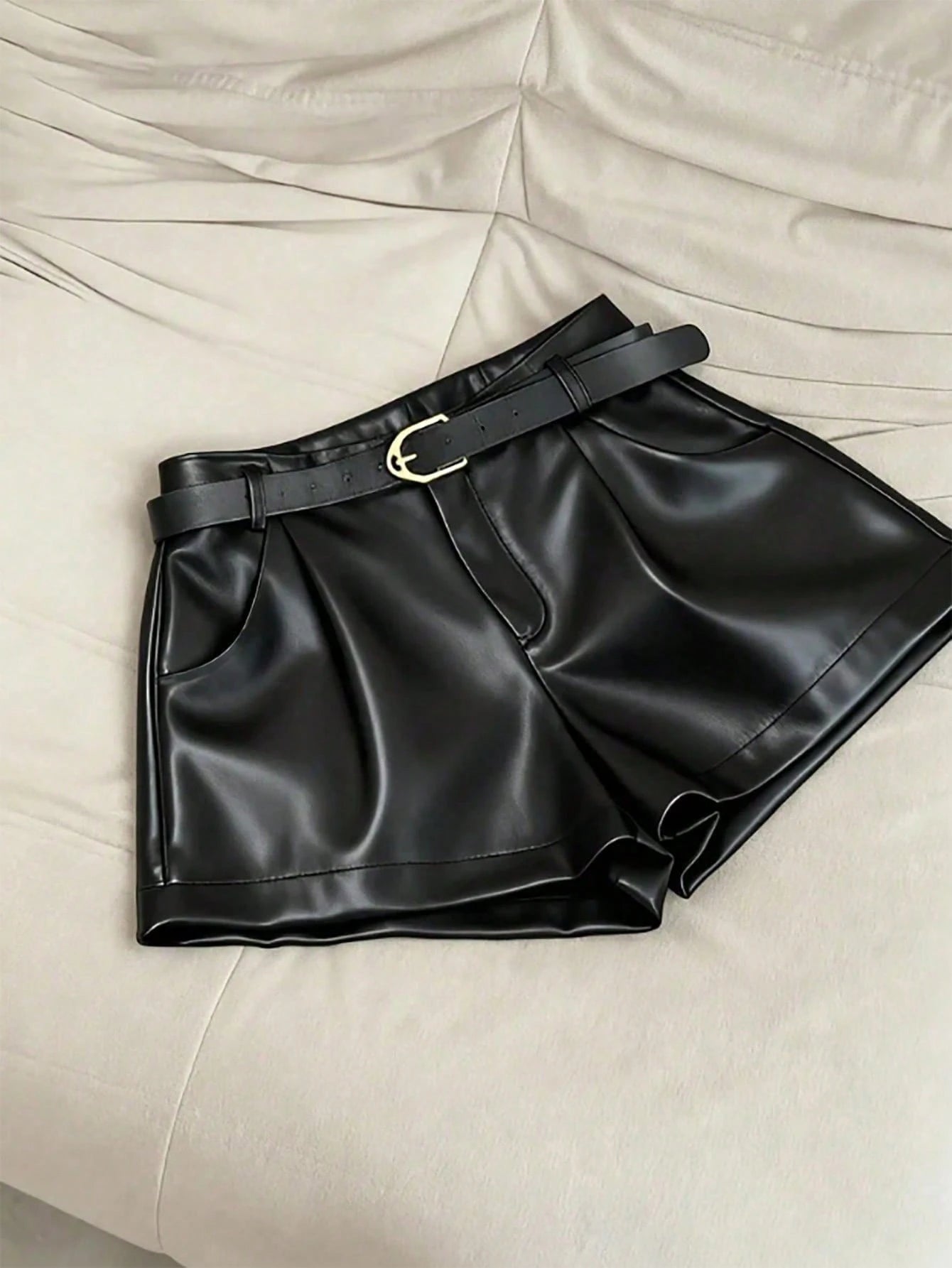 INAWLY Women's Casual Commuter Solid Color PU Leather Pleated Waist Shorts