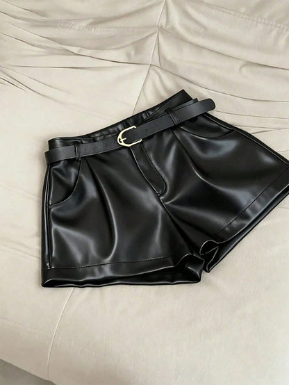 INAWLY Women's Casual Commuter Solid Color PU Leather Pleated Waist Shorts
