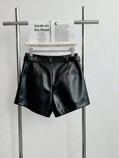 INAWLY Women's Casual Commuter Solid Color PU Leather Pleated Waist Shorts