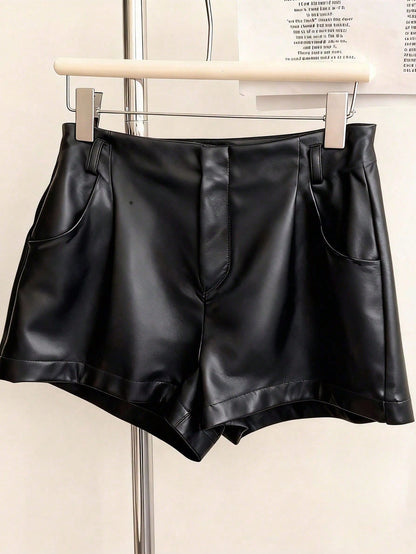 INAWLY Women's Casual Commuter Solid Color PU Leather Pleated Waist Shorts
