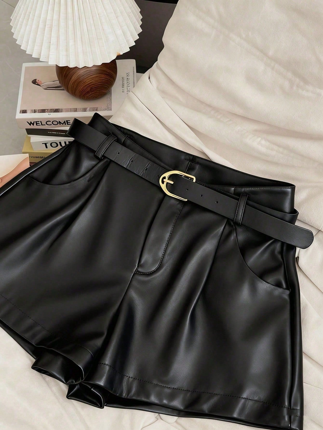 INAWLY Women's Casual Commuter Solid Color PU Leather Pleated Waist Shorts