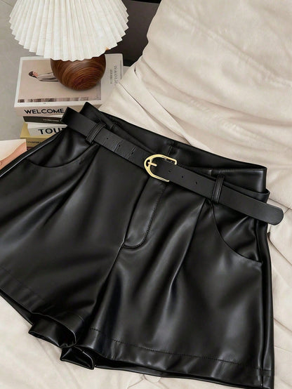 INAWLY Women's Casual Commuter Solid Color PU Leather Pleated Waist Shorts
