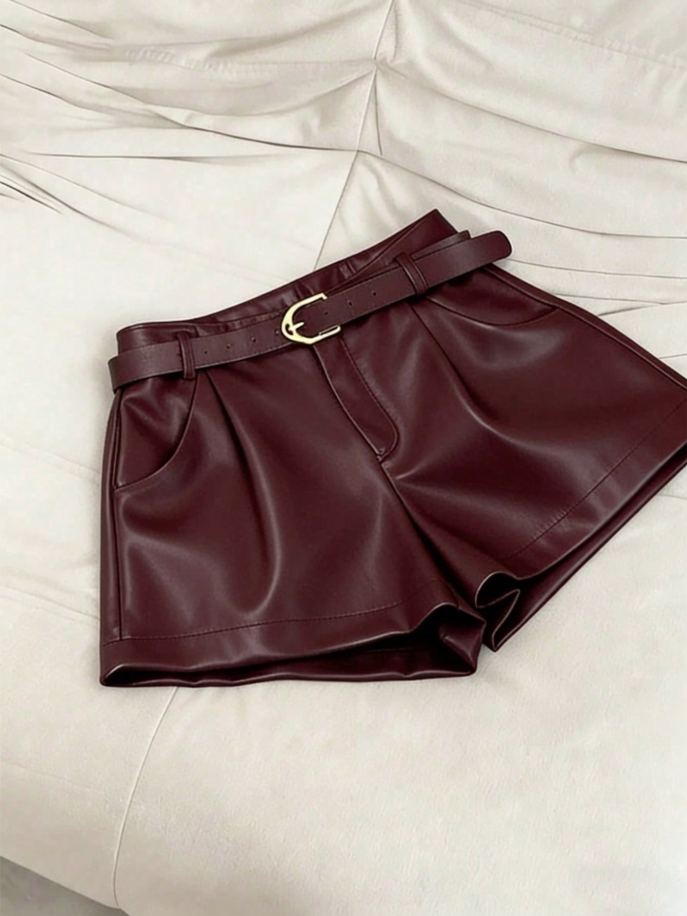 INAWLY Women's Casual Commuter Solid Color PU Leather Pleated Waist Shorts