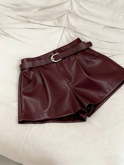 INAWLY Women's Casual Commuter Solid Color PU Leather Pleated Waist Shorts