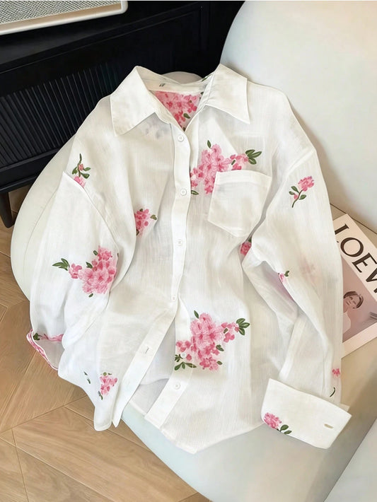 INAWLY Women's Fashion Casual Romantic Embroidered Floral Long Sleeve Button-Up Shirt Fall Cloth For Women