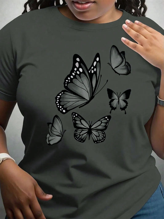 INAWLY Women's Gray Round Neck Short Sleeve Butterfly Print T-Shirt, Summer