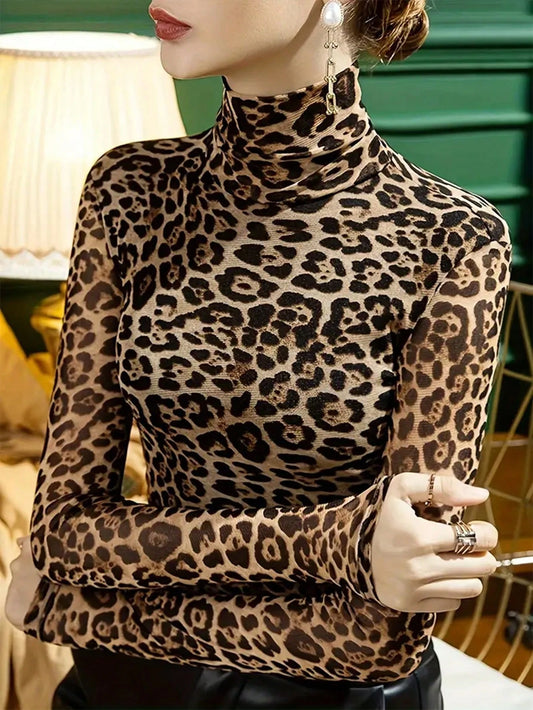 INAWLY Women's Leopard Print Turtleneck T-Shirt Graphic Cheetah Print Tees Women Tops Fall Cloth For Women