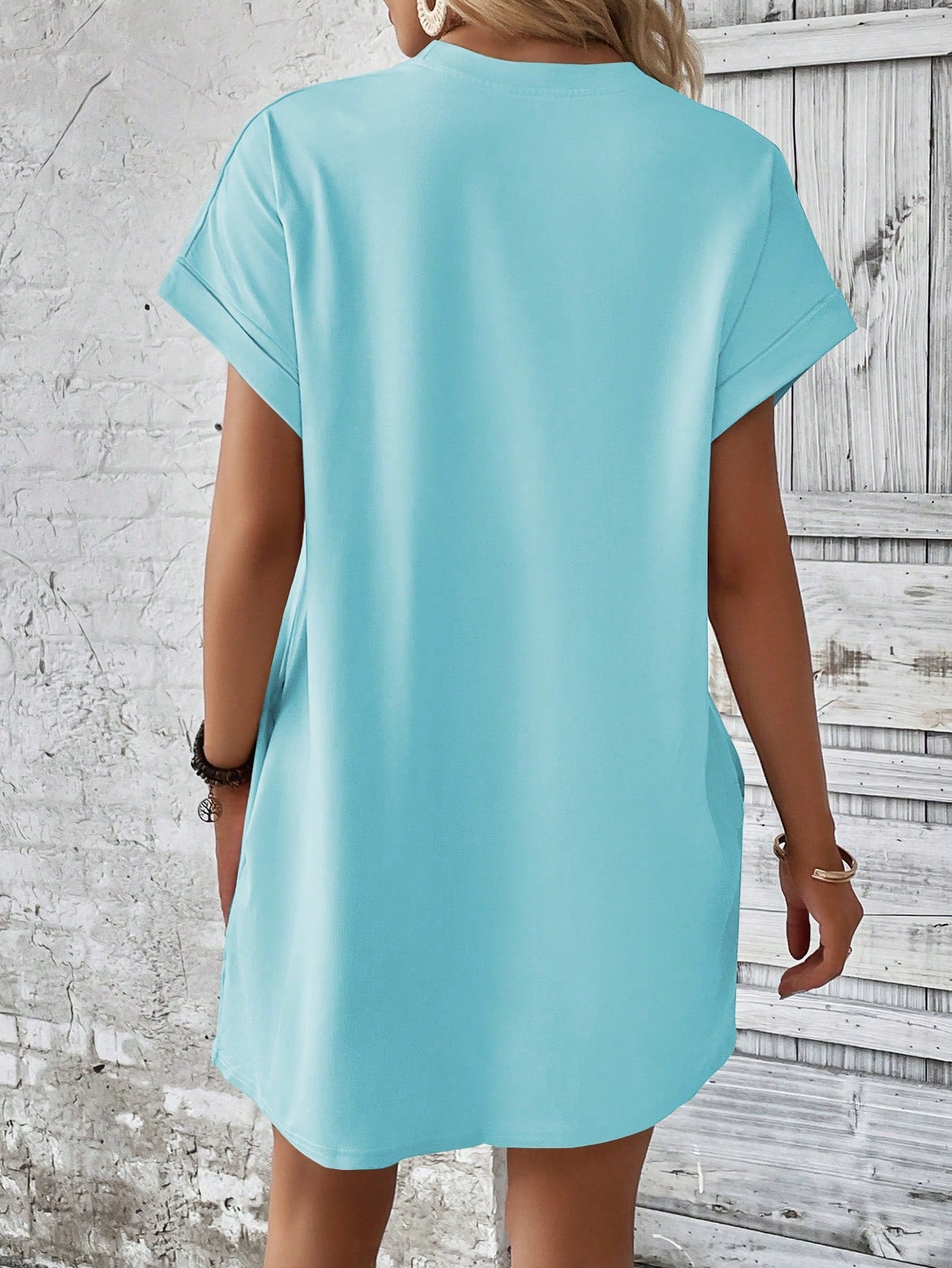 INAWLY Women's Round Neck Batwing Sleeve Solid Color Dress