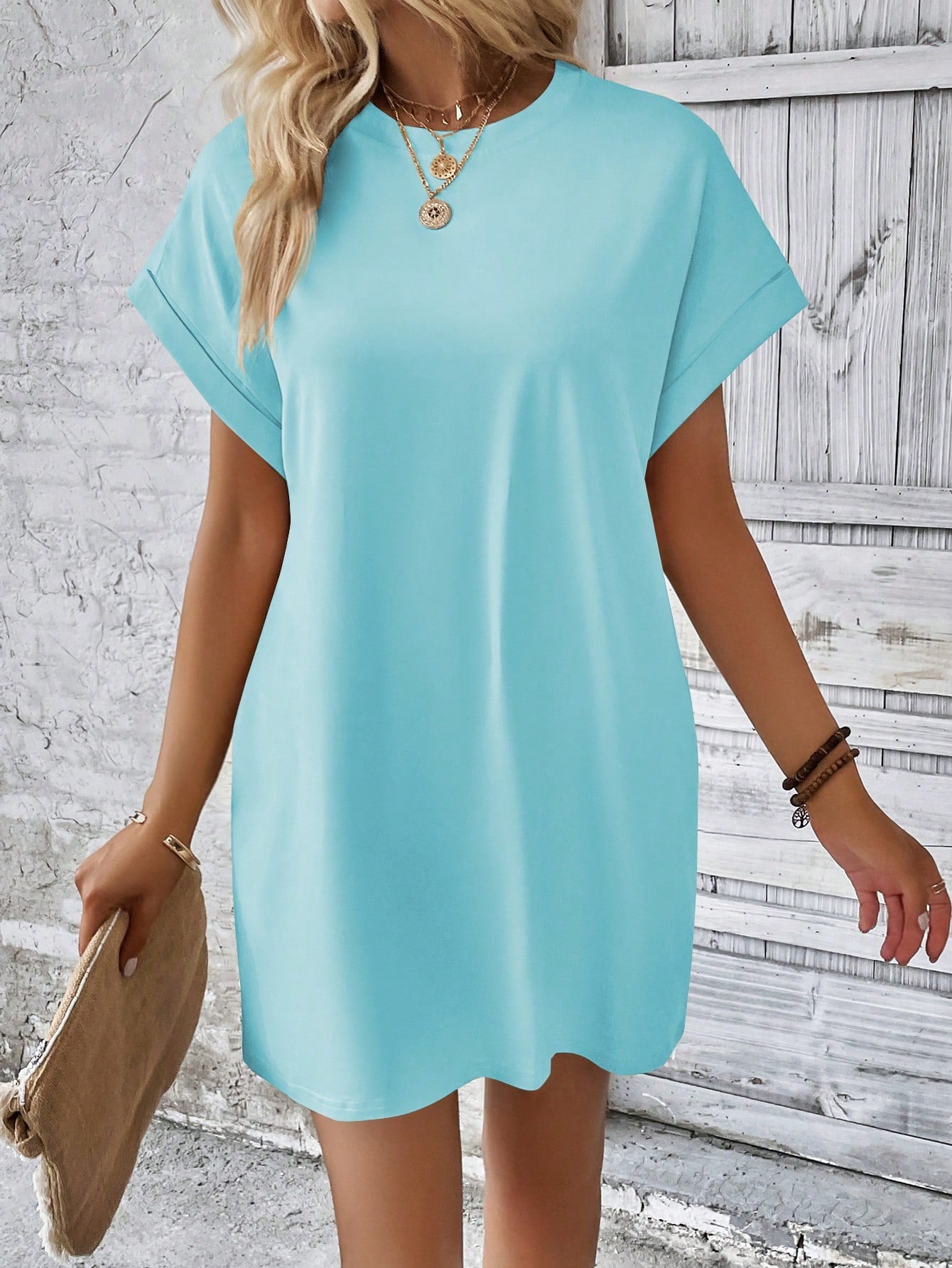 INAWLY Women's Round Neck Batwing Sleeve Solid Color Dress